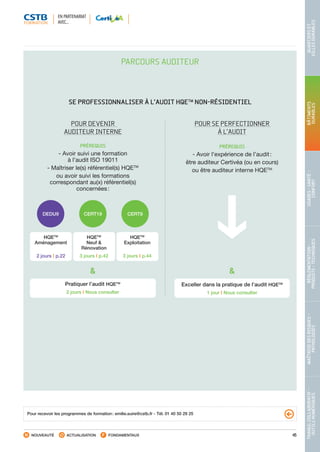 45
TRAVAILCOLLABORATIF-
OUTILSNUMÉRIQUES
MAÎTRISEDESRISQUES–
PATHOLOGIES
RÉGLEMENTATION-
PRODUITS-TECHNIQUES
USAGES-SANTÉ-
CONFORT
BÂTIMENTS
DURABLES
QUARTIERSET
VILLESDURABLES
NOUVEAUTÉ ACTUALISATION FONDAMENTAUX
PARCOURS AUDITEUR
SE PROFESSIONNALISER À L’AUDIT HQETM
NON-RÉSIDENTIEL
POUR DEVENIR
AUDITEUR INTERNE
PRÉREQUIS
- Avoir suivi une formation
à l’audit ISO 19011
- Maîtriser le(s) référentiel(s) HQETM
ou avoir suivi les formations
correspondant au(x) référentiel(s)
concernées :
DEDU9 CERT19 CERT8
Pratiquer l’audit HQETM
2 jours I Nous consulter
HQETM
Aménagement
2 jours I p.22
HQETM
Neuf 
Rénovation
3 jours I p.42
HQETM
Exploitation
3 jours I p.44
POUR SE PERFECTIONNER
À L’AUDIT
PRÉREQUIS
- Avoir l’expérience de l’audit :
être auditeur Certivéa (ou en cours)
ou être auditeur interne HQETM
Exceller dans la pratique de l’audit HQETM
1 jour I Nous consulter
EN PARTENARIAT
AVEC…
Pour recevoir les programmes de formation : emilie.suire@cstb.fr - Tél. 01 40 50 29 25
CSTB_CatalogueFormation_2014_p16-77.indd 45 19/11/13 13:02
 