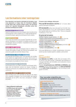 6
Les formations inter-entreprises
Pour répondre à vos besoins individuels de formation, nous
vous proposons un large choix de formations éligibles
au DIF. Notre offre, enrichie chaque année, est structurée
autour de 6 grandes thématiques, articulées autour des
priorités scientifiques du CSTB :
QUARTIERS ET VILLES DURABLES
Quatre formations pour vous accompagner dans vos démarches
d’aménagement urbain durable sous un angle pluridisciplinaire :
conduite de projets, approches technique et socio-urbaine.
BÂTIMENTS DURABLES
Trois cycles de formation pour acquérir l’essentiel des connais-
sances nécessaires à une gestion immobilière durable et vous
accompagner dans la conception, l’exploitation et la rénovation
de bâtiments durables.
USAGES - SANTÉ - CONFORT
Dix formations pour vous accompagner dans la maîtrise et le
maintien des qualités d’usage, de confort et d’accessibilité, mais
aussi de la qualité de l’air et des réseaux d’eau.
RÉGLEMENTATION - PRODUITS - TECHNIQUES
Un ensemble de formations pour vous permettre de connaître
et de maîtriser les réglementations du secteur, faire le point sur
les performances techniques des produits ainsi que sur les règles
de conception et procédés de mise en œuvre.
MAÎTRISE DES RISQUES - PATHOLOGIES
Six formations pour vous aider à identifier les principales patho-
logies dans les bâtiments, prévenir les risques, manager le
risque de construction et connaître les évolutions de l’assurance
construction.
TRAVAIL COLLABORATIF - OUTILS NUMÉRIQUES
Sept formations pour vous permettre de découvrir les enjeux
de la maquette numérique et les fonctionnalités des logiciels
développés par le CSTB, avec leurs concepteurs : ELODIE,
ACOUBAT...
Pour vous aider à identifier plus
facilement vos prochaines formations
AIDEZ-VOUS DES PICTOS
Nouveauté : stage nouveau
Actualisation : stage actualisé et enrichi
Fondamentaux : stage permettant d’acquérir
les connaissances de base
La flèche Zoom : stage complémentaire permettant
d’approfondir un point particulier d’une formation plus globale
UTILISEZ LE REPÉRAGE PAR FILIÈRE
Proposé dans le calendrier et sommaire détaillé pages 10 à 15
À travers notre catalogue, découvrez :
Plus de 80 formations courtes de 1 à 4 jours, alliant
apports théoriques et pratiques.
20 nouveautés autour de la rénovation (p. 54 et 60), l’éva-
luation des produits (p. 113 à 116), la découverte et l’utilisation
des logiciels édités par le CSTB (p. 136 à 139) et la maquette
numérique (p. 133 à 135).
8 cycles de formation
 CYCLE : Gestion du patrimoine (p. 25) -   -
 CYCLE : Performances environnementales (p. 32 et 33)
 CYCLE : Performances énergétiques (p. 50 et 51)
 CYCLE : Accessibilité (p. 80) -   -
 CYCLE : Réglementation (p. 92 et 93)
 CYCLE : Produits-Innovations-Évaluations (p. 92 et 93) -   -
 CYCLE : Pathologies (p. 124)
 CYCLE : Interopérabilité (p. 132) -   -
Les cycles débutent par un module « fondamentaux » et se pour-
suivent par des modules experts ou dédiés à votre activité.
Paris
Lyon
Marne-la-Vallée
Nantes
Toulouse
Une présence nationale
Le CSTB propose des sessions
de 1 à 4 jours, se déroulant
majoritairement à Paris
et Marne-la-Vallée. Certaines
formations, parmi les plus
demandées, sont proposées
à Nantes, Lyon et Toulouse.
Nouveauté 2014
Les Matinales du CSTB, nouvelle offre de formation 2014,
au format d’une demi-journée, à destination des décideurs et
managers des filières de l’immobilier, de la construction et de la
gestion de patrimoine.
Réalisées en partenariat avec CERTIVEA et CERQUAL, ces
matinées ont pour objectif d’apporter une vision prospective
et des outils d’aide à la décision sur des thématiques straté-
giques du secteur.
CSTB_CatalogueFormation_2014_p01-15.indd 6 19/11/13 13:01
 