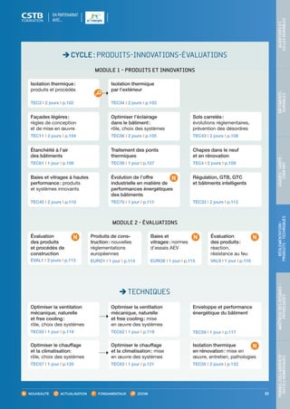 TRAVAILCOLLABORATIF- 
OUTILSNUMÉRIQUES
MAÎTRISEDESRISQUES– 
PATHOLOGIES
RÉGLEMENTATION- 
PRODUITS-TECHNIQUES
USAGES-SANTÉ- 
CONFORT
BÂTIMENTS 
DURABLES
QUARTIERSET 
VILLESDURABLES
93
CYCLE : PRODUITS-INNOVATIONS-ÉVALUATIONS
MODULE 1 - PRODUITS ET INNOVATIONS
TECHNIQUES
MODULE 2 - ÉVALUATIONS
Façades légères :
règles de conception
et de mise en œuvre
TEC11 I 2 jours I p.104
Étanchéité à l’air
des bâtiments
TEC61 I 1 jour I p.106
Baies et vitrages à hautes
performance : produits
et systèmes innovants
TEC40 I 2 jours I p.110
Isolation thermique
par l’extérieur
TEC34 I 2 jours I p.103
Optimiser la ventilation
mécanique, naturelle
et free cooling : mise
en œuvre des systèmes
TEC62 I 1 jour I p.119
Enveloppe et performance
énergétique du bâtiment
TEC59 I 1 jour I p.117
Optimiser l’éclairage
dans le bâtiment :
rôle, choix des systèmes
TEC56 I 2 jours I p.105
Optimiser le chauffage
et la climatisation : mise
en œuvre des systèmes
TEC63 I 1 jour I p.121
Traitement des ponts
thermiques
TEC39 I 1 jour I p.107
Évolution de l’offre
industrielle en matière de
performances énergétiques
des bâtiments
TEC70 I 1 jour I p.111
Sols carrelés :
évolutions réglementaires,
prévention des désordres
TEC43 I 2 jours I p.108
Isolation thermique
en rénovation : mise en
œuvre, entretien, pathologies
TEC35 I 2 jours I p.122
Chapes dans le neuf
et en rénovation
TEC4 I 2 jours I p.109
Régulation, GTB, GTC
et bâtiments intelligents
TEC33 I 2 jours I p.112
Produits de cons­
truc­tion : nouvelles
réglementations
européennes
EURO1 I 1 jour I p.114
Évaluation
des produits :
réaction,
résistance au feu
VAL9 I 1 jour I p.116
Baies et
vitrages : normes
d’essais AEV
EURO6 I 1 jour I p.115
Évaluation
des produits
et procédés de
construction
EVAL1 I 2 jours I p.113
Isolation thermique :
produits et procédés
TEC2 I 2 jours I p.102
Optimiser le chauffage
et la climatisation:
rôle, choix des systèmes
TEC57 I 1 jour I p.120
Optimiser la ventilation
mécanique, naturelle
et free cooling :
rôle, choix des systèmes
TEC50 I 1 jour I p.118
NOUVEAUTÉ ACTUALISATION FONDAMENTAUX ZOOM
EN PARTENARIAT
AVEC…
CSTB_CatalogueFormation_2014_p78-144.indd 93 19/11/13 14:59
 