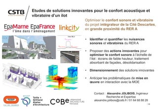 46
Etudes de solutions innovantes pour le confort acoustique et
vibratoire d’un ilot
Optimiser le confort sonore et vibratoire
du projet intégrateur de la Cité Descartes,
en grande proximité du RER A
• Identifier et quantifier les nuisances
sonores et vibratoires du RER A
• Proposer des actions innovantes pour
optimiser le confort sonore à l’échelle de
l’ilot : écrans de faible hauteur, traitement
absorbant de façades, désolidarisation
• Dimensionnement des solutions innovantes
• Anticiper les problématiques de mise en
œuvre en interaction avec la MOE
Contact : Alexandre JOLIBOIS, Ingénieur
Recherche et Expertise
alexandre.jolibois@cstb.fr / 01 64 68 88 28
 
