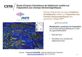 52
Etude d'impact d’émetteurs de téléphonie mobile sur
l'exposition aux champs électromagnétiques
Estimer l'impact des nouveaux émetteurs
de téléphonie mobile sur l'exposition aux
champs électromagnétiques des
personnes à Paris 14ème
Modélisation numérique de l'exposition
aux champs électromagnétiques à l’aide
du logiciel MithraREM :
• Etat des lieux
• Simulation d'un scenario de
déploiement futur
Contact : François GAUDAIRE, Ingénieur Recherche et Expertise
francois.gaudaire@cstb.fr / 04 76 76 25 63
 