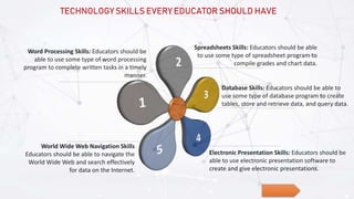 Spreadsheets Skills: Educators should be able
to use some type of spreadsheet program to
compile grades and chart data.
Database Skills: Educators should be able to
use some type of database program to create
tables, store and retrieve data, and query data.
Electronic Presentation Skills: Educators should be
able to use electronic presentation software to
create and give electronic presentations.
World Wide Web Navigation Skills
Educators should be able to navigate the
World Wide Web and search effectively
for data on the Internet.
Word Processing Skills: Educators should be
able to use some type of word processing
program to complete written tasks in a timely
manner.
TECHNOLOGY SKILLS EVERY EDUCATOR SHOULD HAVE
 
