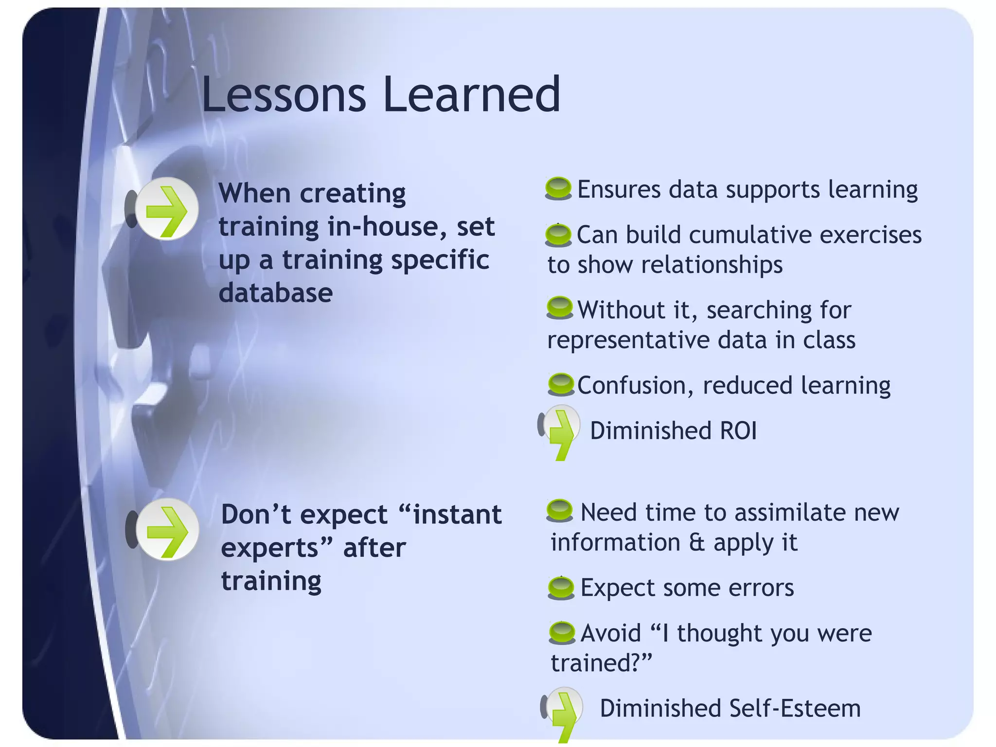 Lessons Learned
When creating             Ensures data supports learning
training in-house, set    Can build cumulative exercises
up a training specific   to show relationships
database                  Without it, searching for
                         representative data in class
                          Confusion, reduced learning
                         = Diminished ROI


Don’t expect “instant     Need time to assimilate new
experts” after           information & apply it
training                  Expect some errors
                          Avoid “I thought you were
                         trained?”
                         =   Diminished Self-Esteem
 