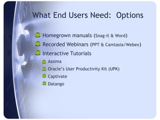What End Users Need: Options

 Homegrown manuals (Snag-it & Word)
 Recorded Webinars (PPT & Camtasia/Webex)
 Interactive Tutorials
    Assima
    Oracle’s User Productivity Kit (UPK)
    Captivate
    Datango
 
