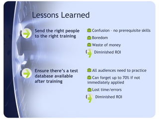 Lessons Learned
Send the right people    Confusion – no prerequisite skills
to the right training    Boredom
                         Waste of money
                        = Diminished ROI



Ensure there’s a test    All audiences need to practice
database available       Can forget up to 70% if not
after training          immediately applied
                         Lost time/errors
                        =   Diminished ROI
 