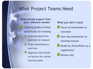 What Project Teams Need

What should expect from
  your software vendor:        What you don’t want:
 Training guides written       Focus on keystrokes vs
  specifically for training      concepts
    Learning objectives,       User documentation as
      exercises to measure       training manual
    Final comprehensive
                                Death by PowerPoint as a
      exercises
                                 supplement
    Diagrams/text/hands-
                                Demos only
      on/lecture for various
      learning styles
 