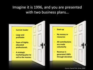 Imagine it is 1996, and you are presented 
with two business plans… 
- Current leader 
- Large and 
profitable 
- Team of highly 
educated 
professionals 
- A strategic 
marketing plan to 
sell to the masses 
- Start-up 
- No money or 
resources 
- All contributions 
are made 
voluntarily 
- Revenue is 
generated 100% 
through donation 
- Source: Daniel Pink. Drive, 2009 
 