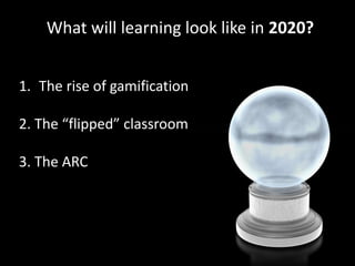 What will learning look like in 2020? 
1. The rise of gamification 
2. The “flipped” classroom 
3. The ARC 
 