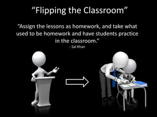 “Flipping the Classroom” 
“Assign the lessons as homework, and take what 
used to be homework and have students practice 
in the classroom.” 
- Sal Khan 
 