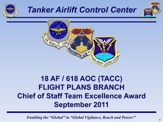 Tanker Airlift Control Center




       18 AF / 618 AOC (TACC)
      FLIGHT PLANS BRANCH
Chief of Staff Team Excellence Award
           September 2011
  Enabling the “Global” in “Global Vigilance, Reach and Power!”   1
 