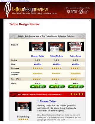 http://wow.playdigger.com/review/tattoo/default.aspx




               Tattoo Design Review


                               Side by Side Comparison of Top Tattoo Design Collection Websites




                  Product




                                                       Chopper Tattoo          Tattoo Me Now              Tattoo Fever

                   Rating                                  9.8/10                   9.0/10                    8.5/10

                   Link                                   Visit Site               Visit Site               Visit Site

                   Features

                   Customer
                   Support

                   Ease of Use

                   Price                                   $34.44                     $37                    $19.99




                               Full Review - Most Recommended Tattoo Website #1



                                                              1. Chopper Tattoo
                                                              Getting inked for the rest of your life
                                                              permanently is something that really
                                                              shouldnít be taken lightly.
                                                              Once this critical decision has been made you have one
                             Overall Rating:                  thatís going to be just as important. What exactly are you
                                                              going to get tattooed into your skin?
 