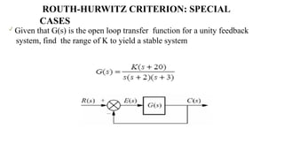 
Given that G(s) is the open loop transfer function for a unity feedback
system, find the range of K to yield a stable system
ROUTH-HURWITZ CRITERION: SPECIAL
CASES
 