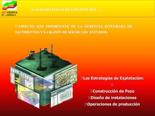 LAS ESTRATEGIAS DE EXPLOTACIÓN…..



 ASPECTO MÁS IMPORTANTE DE LA GERENCIA INTEGRADA DE
YACIMIENTOS Y LA RAZÓN DE SER DE LOS ESTUDIOS.




                                Las Estrategias de Explotación:
                                                 
                                     Construcción de Pozo
                                    Diseño de instalaciones
                                  Operaciones de producción
 