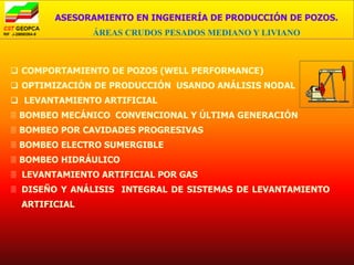 ASESORAMIENTO EN INGENIERÍA DE PRODUCCIÓN DE POZOS.
               ÁREAS CRUDOS PESADOS MEDIANO Y LIVIANO



 COMPORTAMIENTO DE POZOS (WELL PERFORMANCE)
 OPTIMIZACIÓN DE PRODUCCIÓN USANDO ANÁLISIS NODAL
 LEVANTAMIENTO ARTIFICIAL
 BOMBEO MECÁNICO CONVENCIONAL Y ÚLTIMA GENERACIÓN
 BOMBEO POR CAVIDADES PROGRESIVAS
 BOMBEO ELECTRO SUMERGIBLE
 BOMBEO HIDRÁULICO
 LEVANTAMIENTO ARTIFICIAL POR GAS
 DISEÑO Y ANÁLISIS INTEGRAL DE SISTEMAS DE LEVANTAMIENTO
  ARTIFICIAL
 