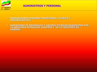 SUMINISTROS Y PERSONAL



   PROPORCIONAR PERSONAL PROFESIONAL, TECNICO Y
    ADMINISTRATIVO.

   SUMINISTRO DE MATERIALES Y EQUIPOS TECNICOS REQUERIDOS POR
    LA INDUSTRIA PETROLERA, GASIFERA Y DE LA INDUSTRIA EN
    GENERAL.
 