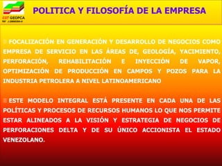 POLITICA Y FILOSOFÍA DE LA EMPRESA


 FOCALIZACIÓN EN GENERACIÓN Y DESARROLLO DE NEGOCIOS COMO
EMPRESA DE SERVICIO EN LAS ÁREAS DE, GEOLOGÍA, YACIMIENTO,
PERFORACIÓN,   REHABILITACIÓN   E   INYECCIÓN   DE   VAPOR,
OPTIMIZACIÓN DE PRODUCCIÓN EN CAMPOS Y POZOS PARA LA
INDUSTRIA PETROLERA A NIVEL LATINOAMERICANO


 ESTE MODELO INTEGRAL ESTÁ PRESENTE EN CADA UNA DE LAS
POLÍTICAS Y PROCESOS DE RECURSOS HUMANOS LO QUE NOS PERMITE
ESTAR ALINEADOS A LA VISIÓN Y ESTRATEGIA DE NEGOCIOS DE
PERFORACIONES DELTA Y DE SU ÚNICO ACCIONISTA EL ESTADO
VENEZOLANO.
 