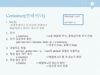 • Set(셋) 
: 연관컨테이너 중 단순한 컨테이너 
key(키)라고 불리는 원소의 집합 
#include <set> 
set<int> s; 
1. 추가 
s.insert(n); //n을 배열에 추가, 중복값이면 추가 안됨 
2. 추가 성공여부 확인 
pair<set<int>::iterator, bool> pr = s.insert(n); 
//성공시 true, 실패시 false 
3. 내림차순 정렬 
set<int, grater<int>> s; //set의 default 정렬은 오름차순 
4. 특정 원소 개수 세기 
s.count(n) //배열에 n이 몇 개 있는지 확인 
5. 특정 원소 찾기 
s.find(n) //배열에 n이 있는지 확인 
//있으면 위치 반환 
 