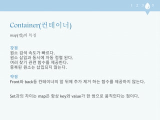 map(맵)의 특징 
강점 
원소 검색 속도가 빠르다. 
원소 삽입과 동시에 자동 정렬 된다. 
여러 찾기 관련 함수를 제공한다. 
중복된 원소는 삽입되지 않는다. 
약점 
Front와 back등 컨테이너의 앞 뒤에 추가 제거 하는 함수를 제공하지 않는다. 
Set과의 차이는 map은 항상 key와 value가 한 쌍으로 움직인다는 점이다. 
 