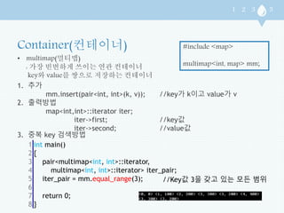 • multimap(멀티맵) 
: 가장 빈번하게 쓰이는 연관 컨테이너 
key와 value를 쌍으로 저장하는 컨테이너 
#include <map> 
multimap<int, map> mm; 
1. 추가 
mm.insert(pair<int, int>(k, v)); //key가 k이고 value가 v 
2. 출력방법 
map<int,int>::iterator iter; 
iter->first; //key값 
iter->second; //value값 
3. 중복 key 검색방법 
1 
2 
3 
4 
5 
6 
7 
8 
int main() 
{ 
pair<multimap<int, int>::iterator, 
multimap<int, int>::iterator> iter_pair; 
iter_pair = mm.equal_range(3); 
return 0; 
} 
//Key값 3을 갖고 있는 모든 범위 
 