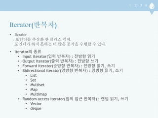 Iterator(반복자) 
• Iterator 
: 포인터를 추상화 한 클래스 객체, 
포인터가 하지 못하는 더 많은 동작을 수행할 수 있다. 
• iterator의 종류 
• Input iterator(입력 반복자) : 전방향 읽기 
• Output iterator(출력 반복자) : 전방향 쓰기 
• Forward iterator(순방향 반복자) : 전방향 읽기, 쓰기 
• Bidirectional iterator(양방향 반복자) : 양방향 읽기, 쓰기 
• List 
• Set 
• Multiset 
• Map 
• Multimap 
• Random access iterator(임의 접근 반복자) : 랜덤 읽기, 쓰기 
• Vector 
• deque 
 