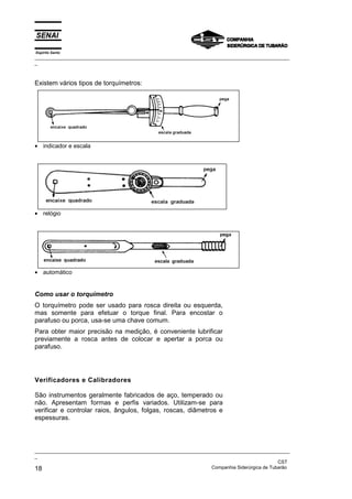 Espírito Santo
_________________________________________________________________________________________________
_
_________________________________________________________________________________________________
_
CST
18 Companhia Siderúrgica de Tubarão
Existem vários tipos de torquímetros:
• indicador e escala
• relógio
• automático
Como usar o torquímetro
O torquímetro pode ser usado para rosca direita ou esquerda,
mas somente para efetuar o torque final. Para encostar o
parafuso ou porca, usa-se uma chave comum.
Para obter maior precisão na medição, é conveniente lubrificar
previamente a rosca antes de colocar e apertar a porca ou
parafuso.
Verificadores e Calibradores
São instrumentos geralmente fabricados de aço, temperado ou
não. Apresentam formas e perfis variados. Utilizam-se para
verificar e controlar raios, ângulos, folgas, roscas, diâmetros e
espessuras.
 