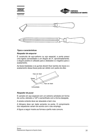 Espírito Santo
_________________________________________________________________________________________________
_
_________________________________________________________________________________________________
_
SENAI
Departamento Regional do Espírito Santo 31
Tipos e características
Raspador de empurrar
É construído de aço-carbono ou aço especial; a ponta possui
uma ligeira convexidade e um ângulo de 3º, aproximadamente;
o ângulo positivo é utilizado para o desbaste e o negativo para o
acabamento.
As faces biseladas e os gumes devem ficar isentos de riscos e o
acabamento dessa faces pode ser obtido com pedra de afiar.
Raspador de puxar
É usinado em aço especial com um extremo achatado em forma
de cunha, dobrado a 120º e esmerilhado com a forma desejada.
A aresta cortante deve ser abaulada e bem viva.
A têmpera deve ser dada somente na ponta. O comprimento
dos raspadores variam de acordo com o seu emprego.
A figura a seguir mostra as formas e perfis mais comuns.
 