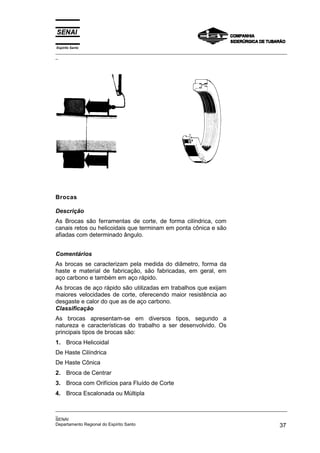 Espírito Santo
_________________________________________________________________________________________________
_
_________________________________________________________________________________________________
_
SENAI
Departamento Regional do Espírito Santo 37
Brocas
Descrição
As Brocas são ferramentas de corte, de forma cilíndrica, com
canais retos ou helicoidais que terminam em ponta cônica e são
afiadas com determinado ângulo.
Comentários
As brocas se caracterizam pela medida do diâmetro, forma da
haste e material de fabricação, são fabricadas, em geral, em
aço carbono e também em aço rápido.
As brocas de aço rápido são utilizadas em trabalhos que exijam
maiores velocidades de corte, oferecendo maior resistência ao
desgaste e calor do que as de aço carbono.
Classificação
As brocas apresentam-se em diversos tipos, segundo a
natureza e características do trabalho a ser desenvolvido. Os
principais tipos de brocas são:
1. Broca Helicoidal
De Haste Cilíndrica
De Haste Cônica
2. Broca de Centrar
3. Broca com Orifícios para Fluído de Corte
4. Broca Escalonada ou Múltipla
 