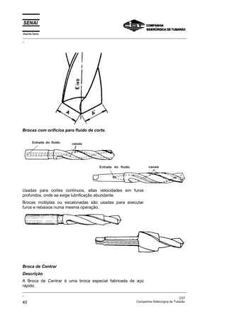 Espírito Santo
_________________________________________________________________________________________________
_
_________________________________________________________________________________________________
_
CST
40 Companhia Siderúrgica de Tubarão
Brocas com orifícios para fluído de corte.
Usadas para cortes contínuos, altas velocidades em furos
profundos, onde se exige lubrificação abundante.
Brocas múltiplas ou escalonadas são usadas para executar
furos e rebaixos numa mesma operação.
Broca de Centrar
Descrição
A Broca de Centrar é uma broca especial fabricada de aço
rápido.
 