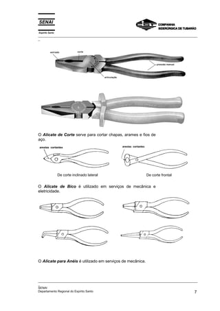 Espírito Santo
_________________________________________________________________________________________________
_
_________________________________________________________________________________________________
_
SENAI
Departamento Regional do Espírito Santo 7
O Alicate de Corte serve para cortar chapas, arames e fios de
aço.
De corte inclinado lateral De corte frontal
O Alicate de Bico é utilizado em serviços de mecânica e
eletricidade.
O Alicate para Anéis é utilizado em serviços de mecânica.
 