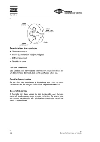 Espírito Santo
_________________________________________________________________________________________________
_
_________________________________________________________________________________________________
_
CST
52 Companhia Siderúrgica de Tubarão
Características dos cossinetes
• Sistema da rosca
• Passo ou número de fios por polegada
• Diâmetro nominal
• Sentido da rosca
Uso dos cossinetes
São usados para abrir roscas externas em peças cilíndricas de
um determinado diâmetro, tais como parafusos, tubos etc.
Escolha dos cossinetes
As escolhas dos cossinetes é levando-se em conta as suas
características, em relação à rosca que se pretende executar.
Cossinete bipartido
É formado por duas placas de aço temperado, com formato
especial, tendo apenas duas arestas cortantes. As aparas que
se formam na operação são eliminadas através dos canais de
saída dos cossinetes.
 
