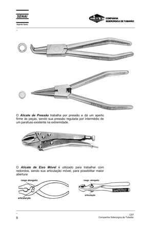 Espírito Santo
_________________________________________________________________________________________________
_
_________________________________________________________________________________________________
_
CST
8 Companhia Siderúrgica de Tubarão
O Alicate de Pressão trabalha por pressão e dá um aperto
firme às peças, sendo sua pressão regulada por intermédio de
um parafuso existente na extremidade.
O Alicate de Eixo Móvel é utilizado para trabalhar com
redondos, sendo sua articulação móvel, para possibilitar maior
abertura
 