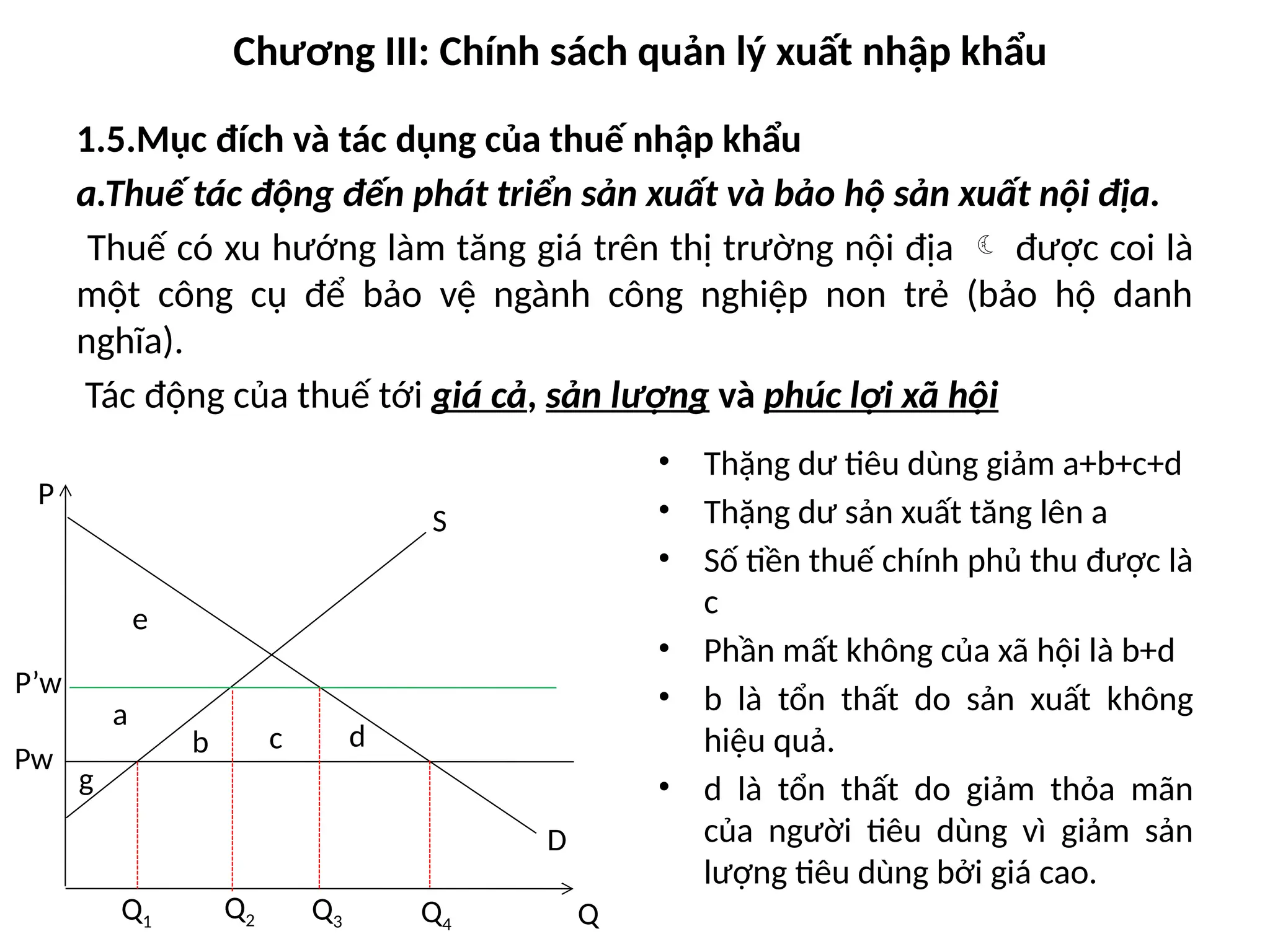 Chương III: Chính sách quản lý xuất nhập khẩu
1.5.Mục đích và tác dụng của thuế nhập khẩu
a.Thuế tác động đến phát triển sản xuất và bảo hộ sản xuất nội địa.
Thuế có xu hướng làm tăng giá trên thị trường nội địa  được coi là
một công cụ để bảo vệ ngành công nghiệp non trẻ (bảo hộ danh
nghĩa).
Tác động của thuế tới giá cả, sản lượng và phúc lợi xã hội
• Thặng dư tiêu dùng giảm a+b+c+d
• Thặng dư sản xuất tăng lên a
• Số tiền thuế chính phủ thu được là
c
• Phần mất không của xã hội là b+d
• b là tổn thất do sản xuất không
hiệu quả.
• d là tổn thất do giảm thỏa mãn
của người tiêu dùng vì giảm sản
lượng tiêu dùng bởi giá cao.
Pw
P’w
e
a
b c
P
Q
d
g
Q1
Q2 Q3 Q4
D
S
 