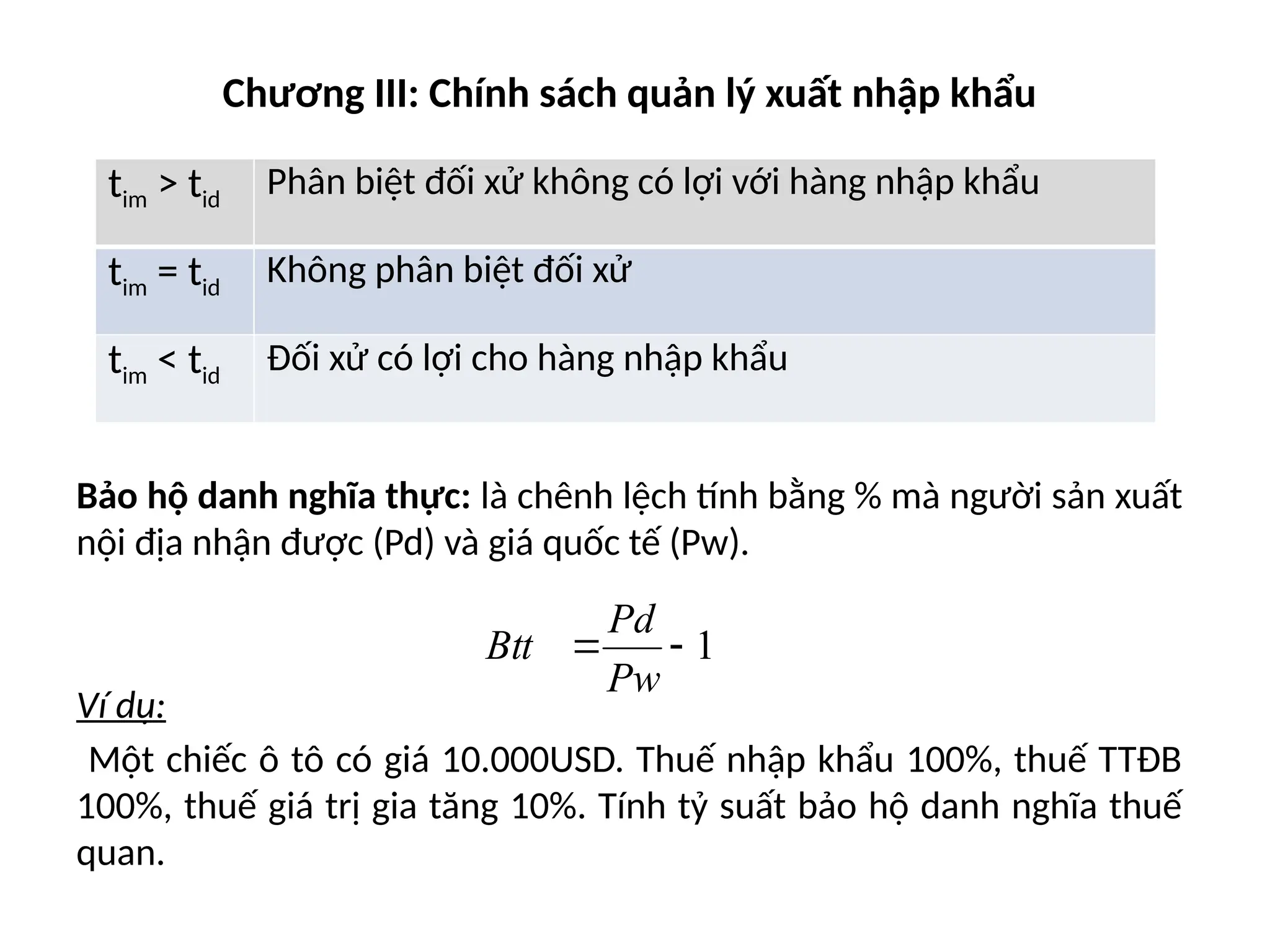 Chương III: Chính sách quản lý xuất nhập khẩu
Bảo hộ danh nghĩa thực: là chênh lệch tính bằng % mà người sản xuất
nội địa nhận được (Pd) và giá quốc tế (Pw).
Ví dụ:
Một chiếc ô tô có giá 10.000USD. Thuế nhập khẩu 100%, thuế TTĐB
100%, thuế giá trị gia tăng 10%. Tính tỷ suất bảo hộ danh nghĩa thuế
quan.
tim > tid
Phân biệt đối xử không có lợi với hàng nhập khẩu
tim = tid
Không phân biệt đối xử
tim < tid
Đối xử có lợi cho hàng nhập khẩu
1


Pw
Pd
Btt
 