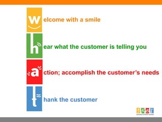 elcome with a smile
ear what the customer is telling you
ction; accomplish the customer’s needs
hank the customer
 