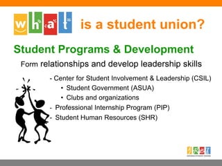 - Center for Student Involvement & Leadership (CSIL)
• Student Government (ASUA)
• Clubs and organizations
- Professional Internship Program (PIP)
- Student Human Resources (SHR)
is a student union?
Student Programs & Development
Form relationships and develop leadership skills
 