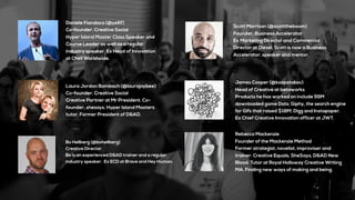 Daniele Fiandaca (@yellif)
Co-founder, Creative Social
Hyper Island Master Class Speaker and
Course Leader as well as a regular
industry speaker. Ex Head of Innovation
at Cheil Worldwide.
James Cooper (@koopstakov)
Head of Creative at betaworks
Products he has worked on include 55M
downloaded game Dots, Giphy, the search engine
for Gifs that raised $18M, Digg and Instapaper.
Ex Chief Creative Innovation officer at JWT.
Bo Hellberg (@bohellberg)
Creative Director
Bo is an experienced D&AD trainer and a regular
industry speaker. Ex ECD at Brave and Hey Human.
Scott Morrison (@scotttheboom)
Founder, Business Accelerator
Ex Marketing Director and Commercial
Director at Diesel, Scott is now a Business
Accelerator, speaker and mentor.
Laura Jordan Bambach (@laurajaybee)
Co-founder, Creative Social
Creative Partner at Mr President. Co-
founder, shesays. Hyper Island Masters
tutor. Former President of D&AD.
Rebecca Mackenzie
Founder of the Mackenzie Method
Former strategist, novelist, improviser and
trainer. Creative Equals, SheSays, D&AD New
Blood. Tutor at Royal Holloway Creative Writing
MA. Finding new ways of making and being.
 