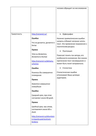 человек обращает на них внимание.
Грамотность http://cstransit.ru/
Ошибка
Что не делается, делается в
Китае
Правка
Что ни делается,
делается в Китае
http://cstransit.ru/delivery-
schemes
Ошибка
Казалось бы совершенно
очевидным
Правка
Кажется совершенно
очевидным
Ошибка
Средний срок, при этом
составляет около 60 дней.
Правка
Средний срок, при этом,
составляет около 60-и
дней.
http://cstransit.ru/oformleni
e-importa-pod-kontract-
brokera
 Орфография
Наличие грамматических ошибок
напрочь отбивает желание читать
текст. Это проявление неуважения к
посетителям ресурса.
 Пунктуация
Помогает понять тон автора, его
особенности изложения. Без знаков
препинания текст несовершенен и
может быть понят неправильно.
 Стилистика
Стилистические ошибки
отталкивают Вашу целевую
аудиторию.
 