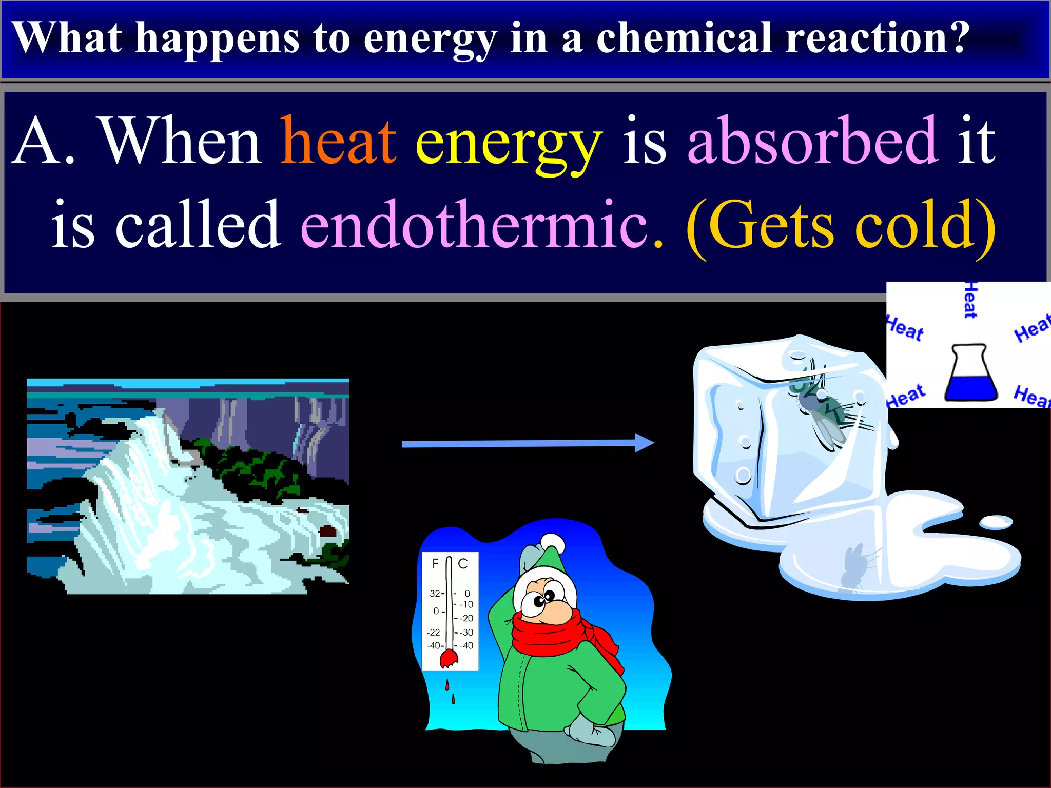 What happens to energy in a chemical reaction?
A. When heat energy is absorbed it
is called endothermic. (Gets cold)
 