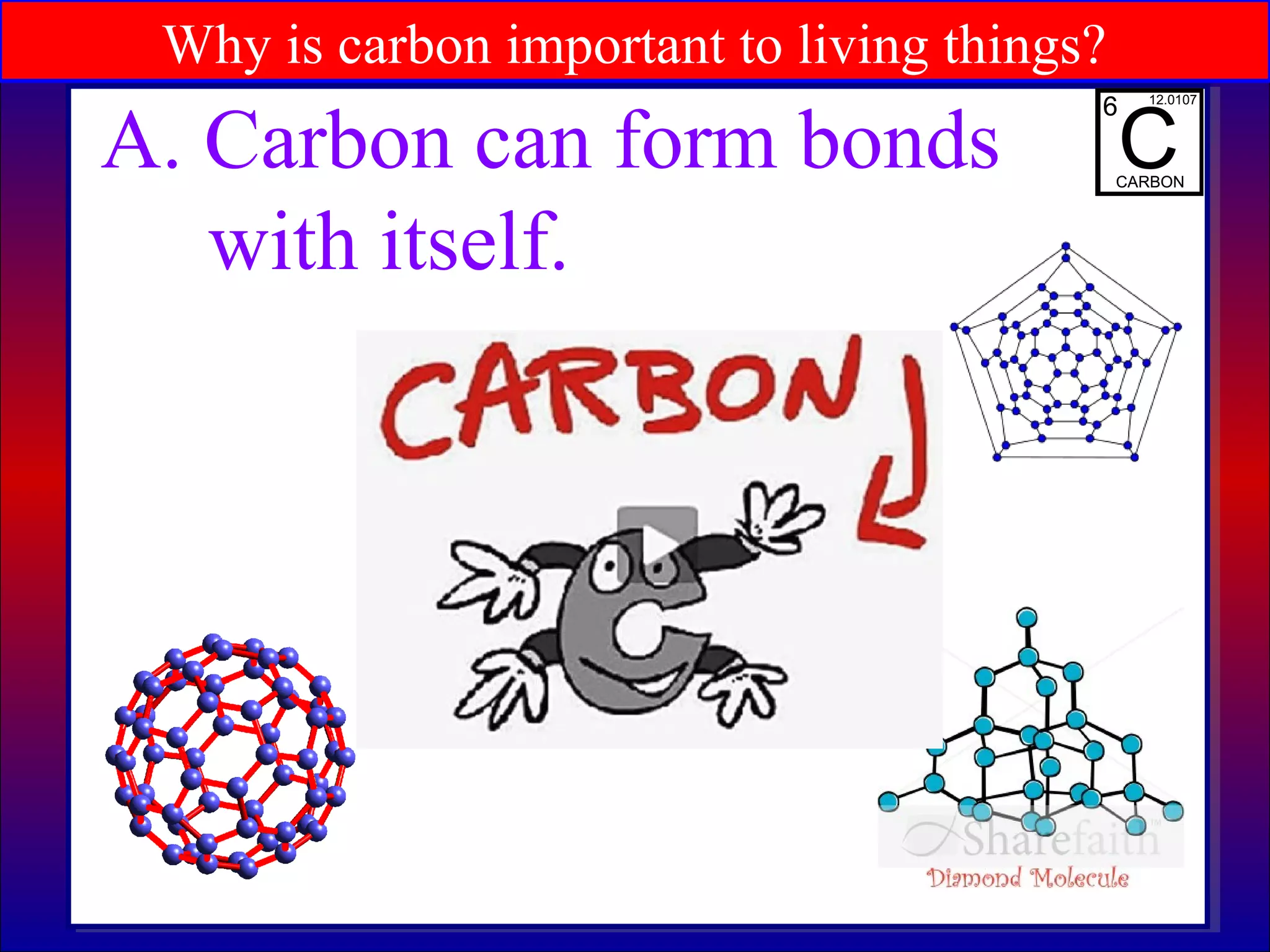 Why is carbon important to living things?
A. Carbon can form bonds
with itself.
 