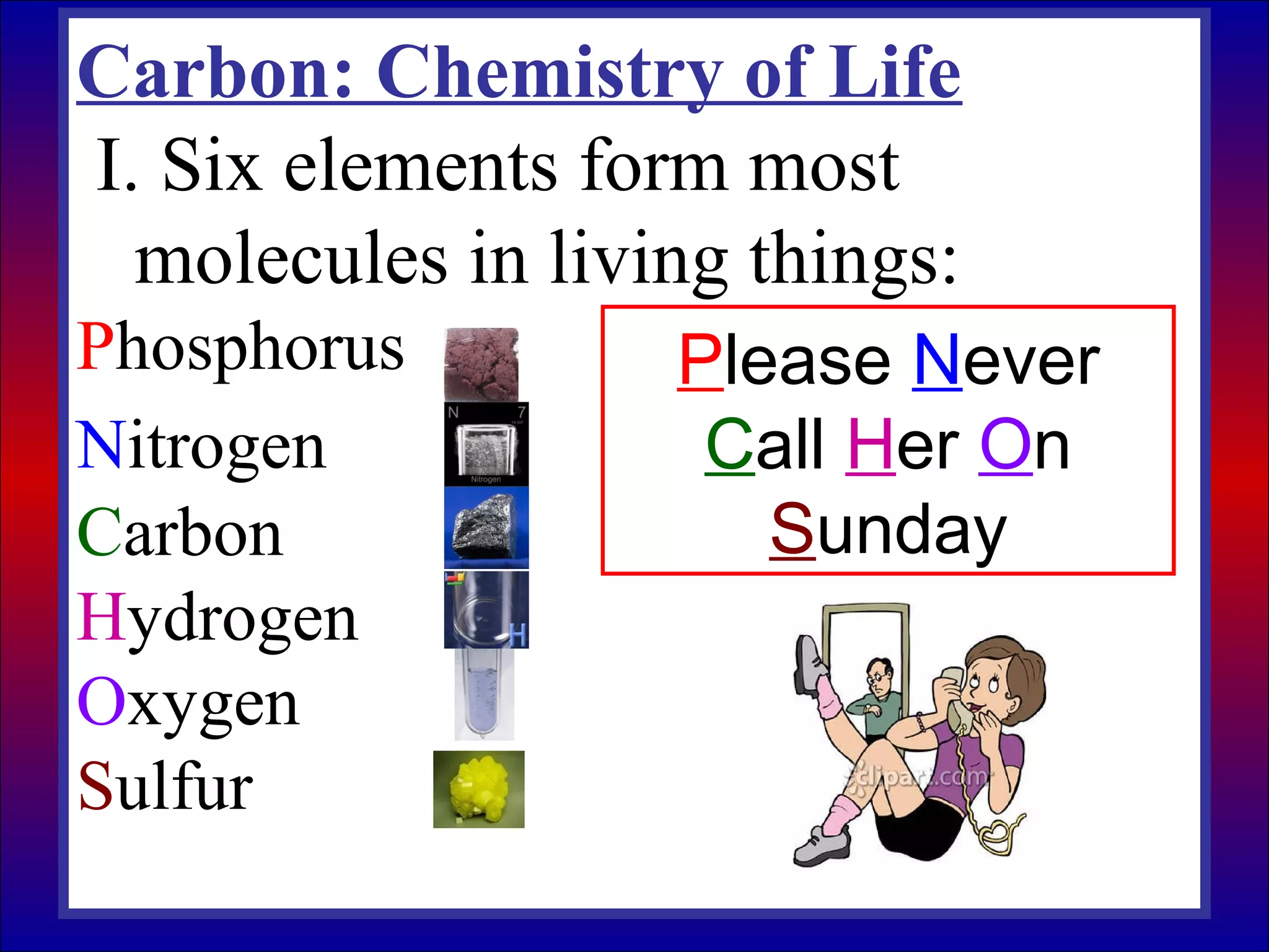 Carbon: Chemistry of Life
I. Six elements form most
molecules in living things:
Phosphorus
Nitrogen
Carbon
Hydrogen
Oxygen
Sulfur
Please Never
Call Her On
Sunday
 