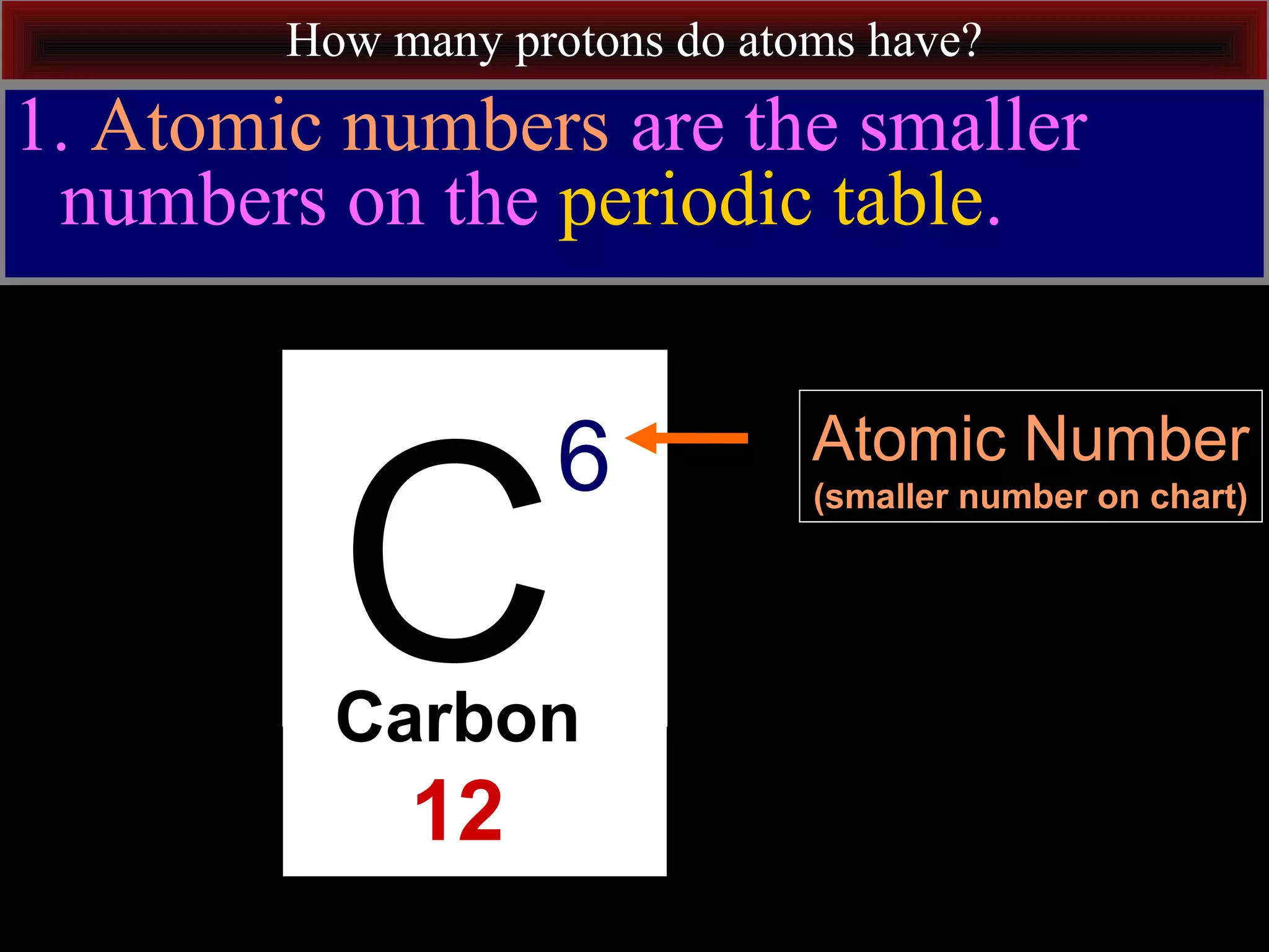 How many protons do atoms have?
1. Atomic numbers are the smaller
numbers on the periodic table.
C
6
Carbon
12
Atomic Number
(smaller number on chart)
 