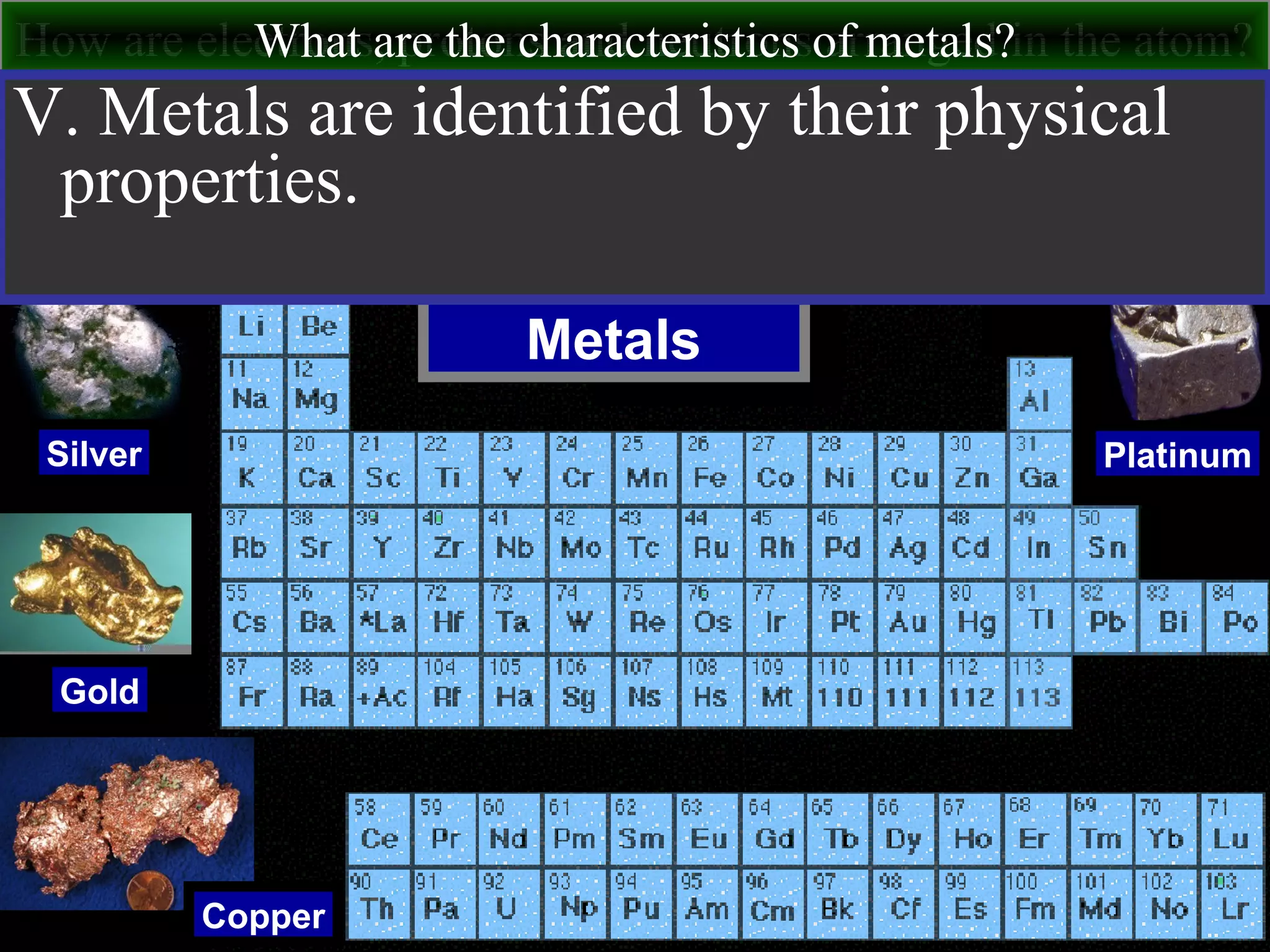 How are electrons, protons and neutrons arranged in the atom?What are the characteristics of metals?
Metals
Silver
Gold
Copper
Platinum
V. Metals are identified by their physical
properties.
 