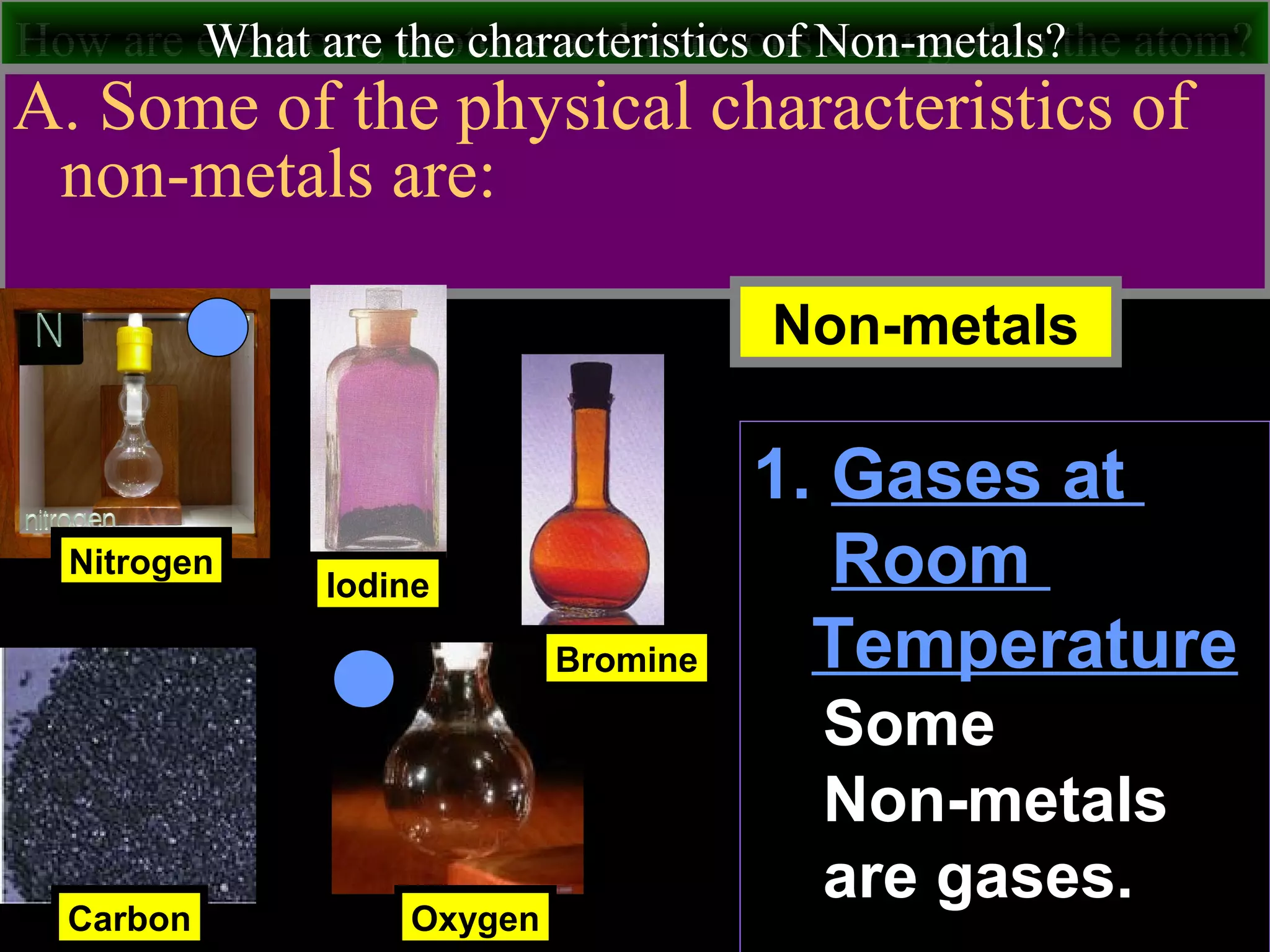How are electrons, protons and neutrons arranged in the atom?What are the characteristics of Non-metals?
A. Some of the physical characteristics of
non-metals are:
Nitrogen
Carbon
Iodine
Non-metals
Oxygen
Bromine
1. Gases at
Room
Temperature
Some
Non-metals
are gases.
 