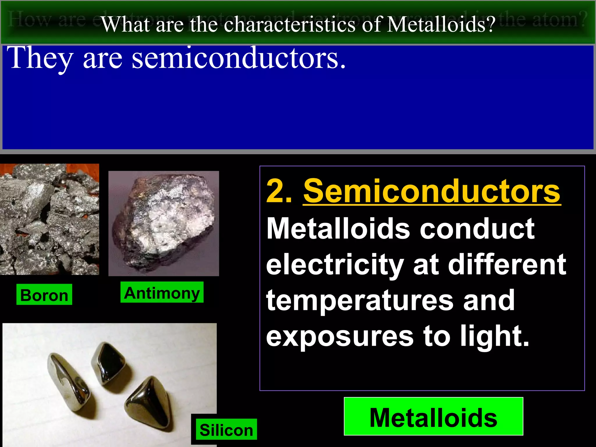 How are electrons, protons and neutrons arranged in the atom?
They are semiconductors.
What are the characteristics of Metalloids?
Metalloids
Boron Antimony
Silicon
2. Semiconductors
Metalloids conduct
electricity at different
temperatures and
exposures to light.
 