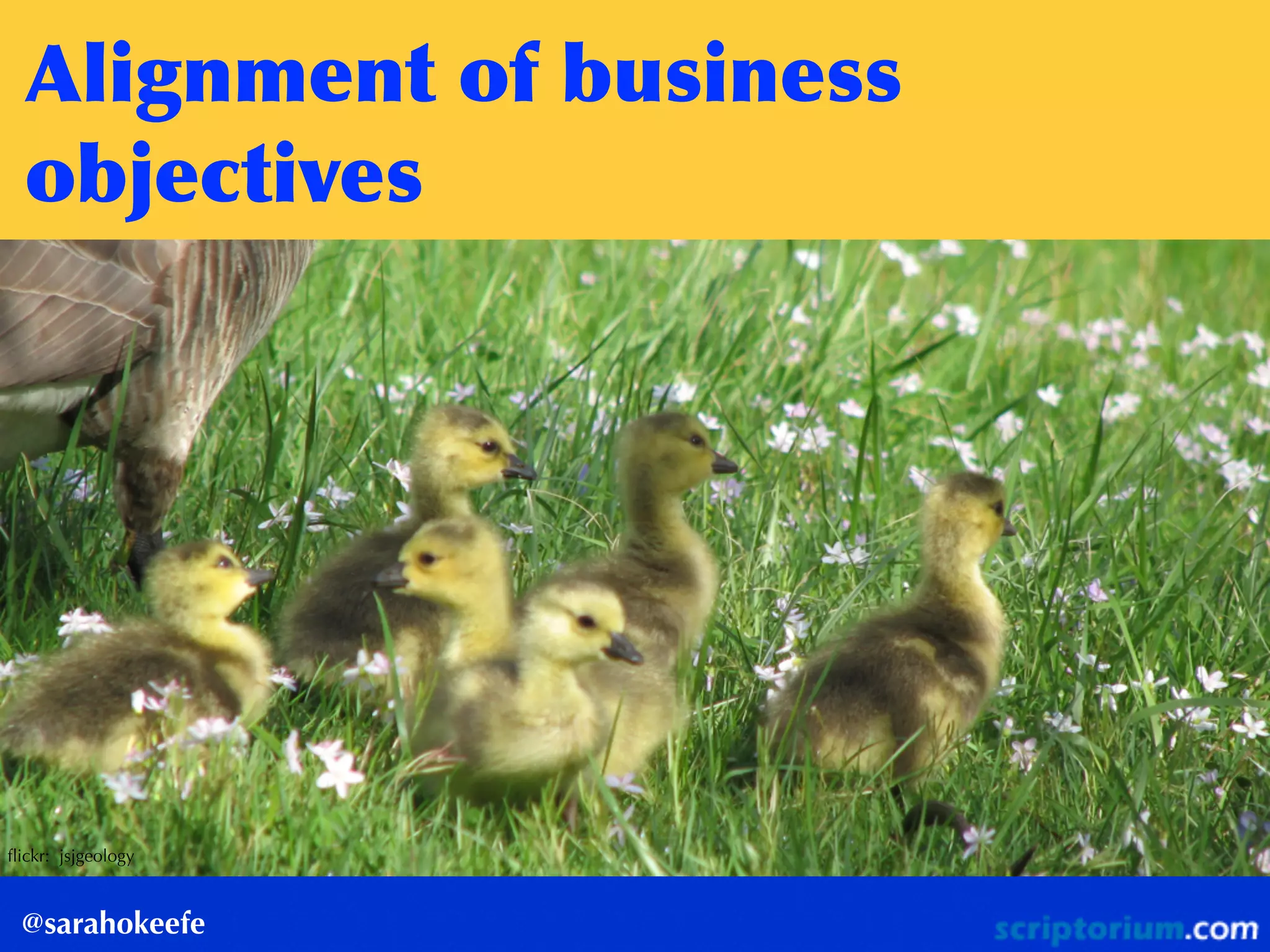 Alignment	
 of	
 business	
 
objectives
@sarahokeefe
ﬂickr: jsjgeology
 
