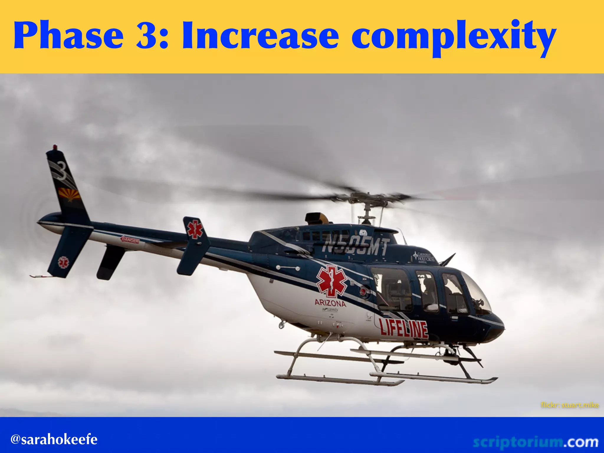 Phase	
 3:	
 Increase	
 complexity
@sarahokeefe
ﬂickr: stuart.mike
 