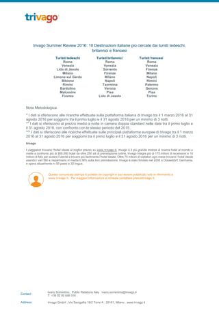 Ivano Sorrentino . Public Relations Italy . ivano.sorrentino@trivago.it
T: +39 02 00 646 016 .
trivago GmbH . Via Senigallia 18/2 Torre A . 20161, Milano . www.trivago.it
Contact:
Address:
trivago Summer Review 2016: 10 Destinazioni italiane più cercate dai turisti tedeschi,
britannici e francesi
Turisti tedeschi Turisti britannici Turisti francesi
Roma Roma Roma
Venezia Venezia Venezia
Lido di Jesolo Sorrento Firenze
Milano Firenze Milano
Limone sul Garda Milano Napoli
Bibione Napoli Rimini
Rimini Taormina Palermo
Bardolino Verona Genova
Malcesine Pisa Pisa
Firenze Lido di Jesolo Torino
Nota Metodologica
* I dati si riferiscono alle ricerche effettuate sulla piattaforma italiana di trivago tra il 1 marzo 2016 al 31
agosto 2016 per soggiorni tra il primo luglio e il 31 agosto 2016 per un minimo di 3 notti.
** I dati si riferiscono al prezzo medio a notte in camera doppia standard nelle date tra il primo luglio e
il 31 agosto 2016, con confronto con lo stesso periodo del 2015.
*** I dati si riferiscono alle ricerche effettuate sulle principali piattaforme europee di trivago tra il 1 marzo
2016 al 31 agosto 2016 per soggiorni tra il primo luglio e il 31 agosto 2016 per un minimo di 3 notti.
trivago
I viaggiatori trovano l’hotel ideale al miglior prezzo su www.trivago.it. trivago è il più grande motore di ricerca hotel al mondo e
mette a confronto più di 900.000 hotel da oltre 250 siti di prenotazione online. trivago integra più di 175 milioni di recensioni e 19
milioni di foto per aiutare l’utente a trovare più facilmente l’hotel ideale. Oltre 75 milioni di visitatori ogni mese trovano l’hotel ideale
usando i vari filtri e risparmiano in media il 36% sulla loro prenotazione. trivago è stato fondato nel 2005 a Düsseldorf, Germania,
e opera attualmente in 55 paesi e 33 lingue.
Questo comunicato stampa è protetto da copyright e può essere pubblicato solo in riferimento a
www.trivago.it. Per maggiori informazioni e richieste contattare press@trivago.it
 