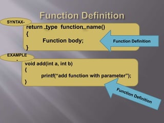 return type function name()
{
Function body;
}
void add(int a, int b)
{
printf(“add function with parameter”);
}
SYNTAX-
EXAMPLE
-
Function Definition
 