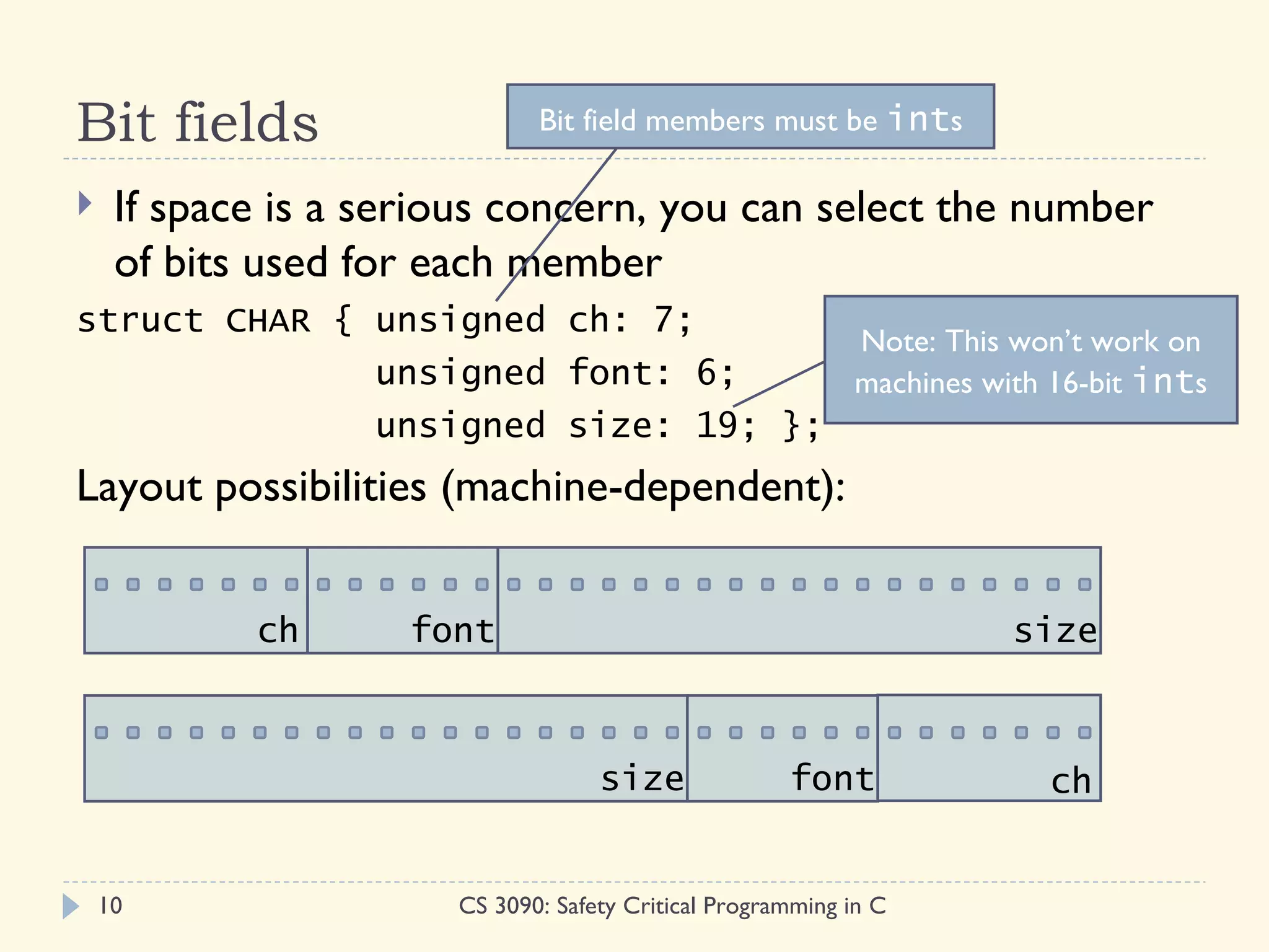 Bit fields                    Bit field members must be ints

    If space is a serious concern, you can select the number
     of bits used for each member
struct CHAR { unsigned ch: 7;
                                    Note: This won’t work on
              unsigned font: 6;     machines with 16-bit ints
              unsigned size: 19; };
Layout possibilities (machine-dependent):


            ch      font                                           size



                                    size              font          ch


    10                 CS 3090: Safety Critical Programming in C
 