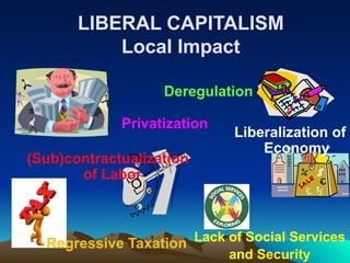 LIBERAL CAPITALISM
Local Impact
Deregulation
(Sub)contractualization
of Labor
Liberalization of
Economy
Privatization
Lack of Social Services
and Security
Regressive Taxation
 